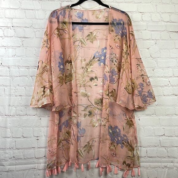 Simply Noelle Sheer Pink Floral Kimono/Coverup w/ Angel Wing sleeves. OSFA - Picture 2 of 8